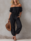 Patrycja | Czarny kombinezon off-shoulder bez rękawów