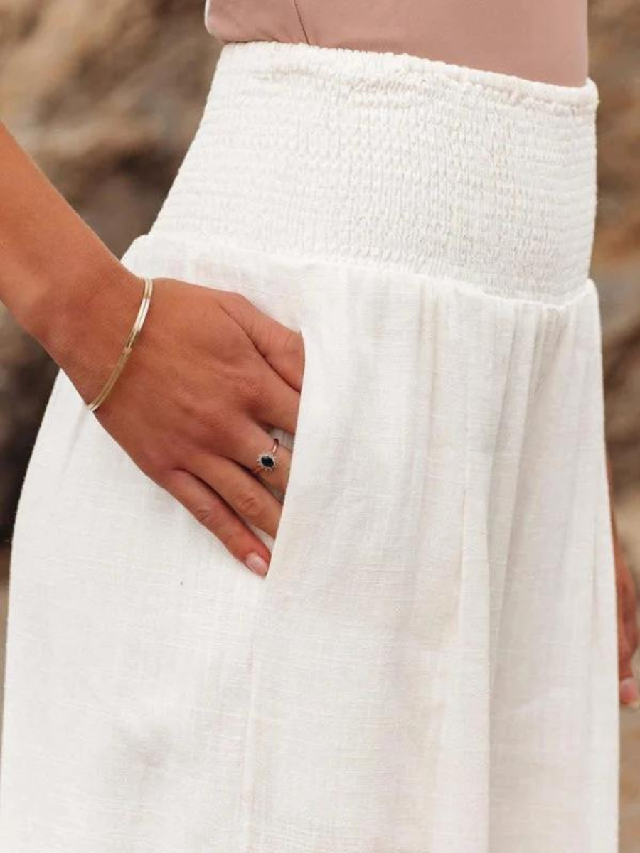 Damskie spodnie plażowe z szerokimi nogawkami | Wysoki marszczony pas 3