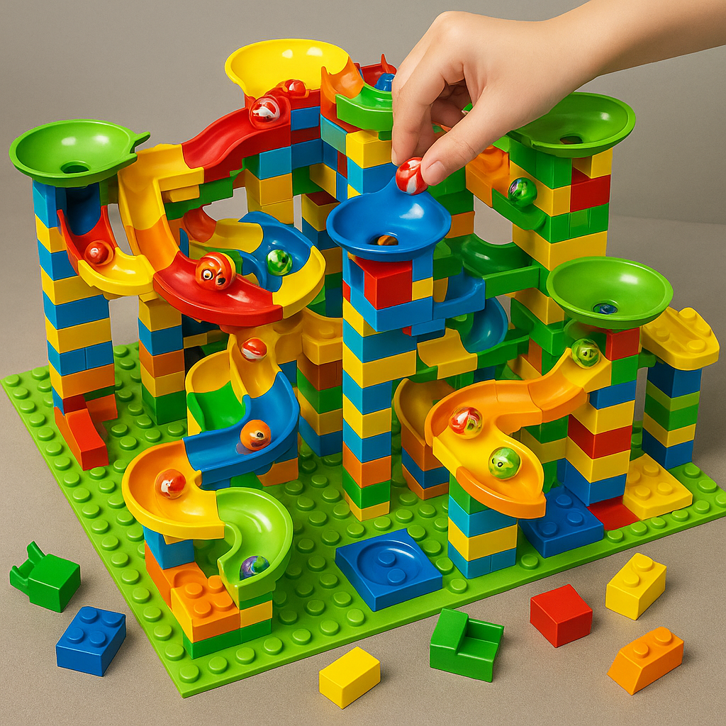 Kreatywny tor kulkowy z klockami – zabawka edukacyjna dla dzieci 4