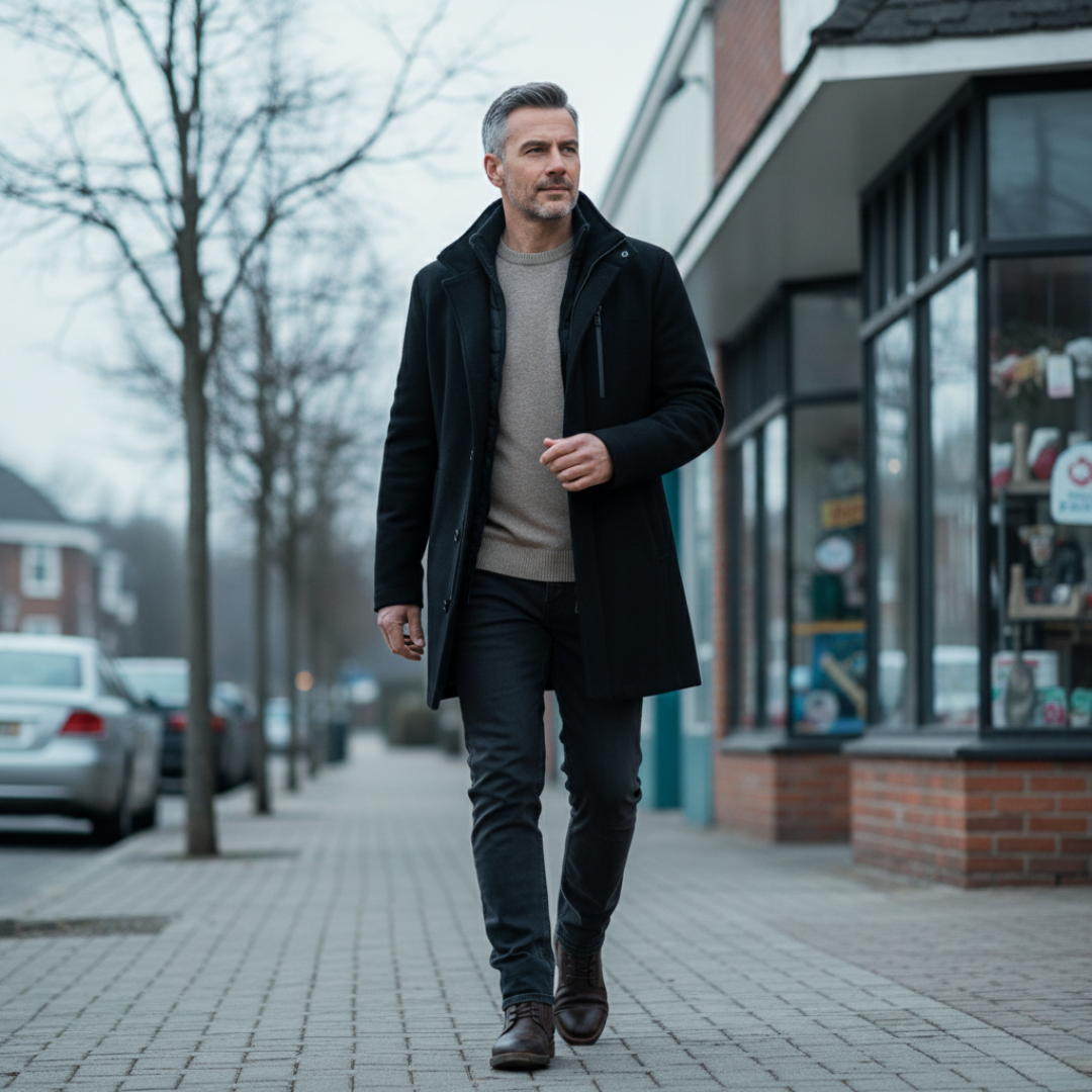 Męski płaszcz zimowy, wełna, stójka, zamek i guziki, klasyczny krój