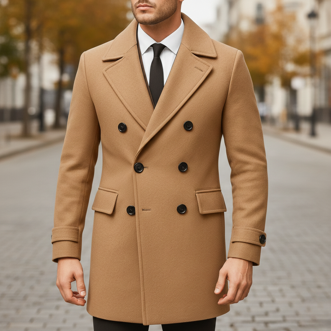 Men's double-breasted winter coat, wool blend, elegant knee-length cut