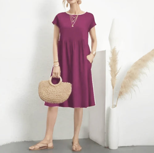 Sukienka damska z rozszerzanymi rękawami i okrągłym dekoltem w kształcie litery A | Midi 10