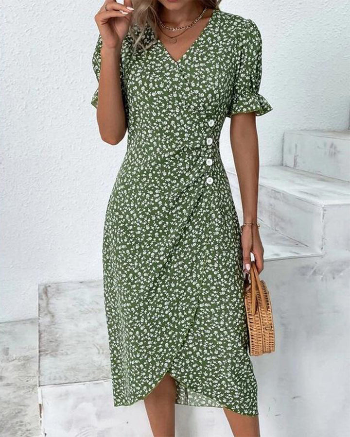 Women's Floral Wrap Dress with Ruffled Sleeves | Midi