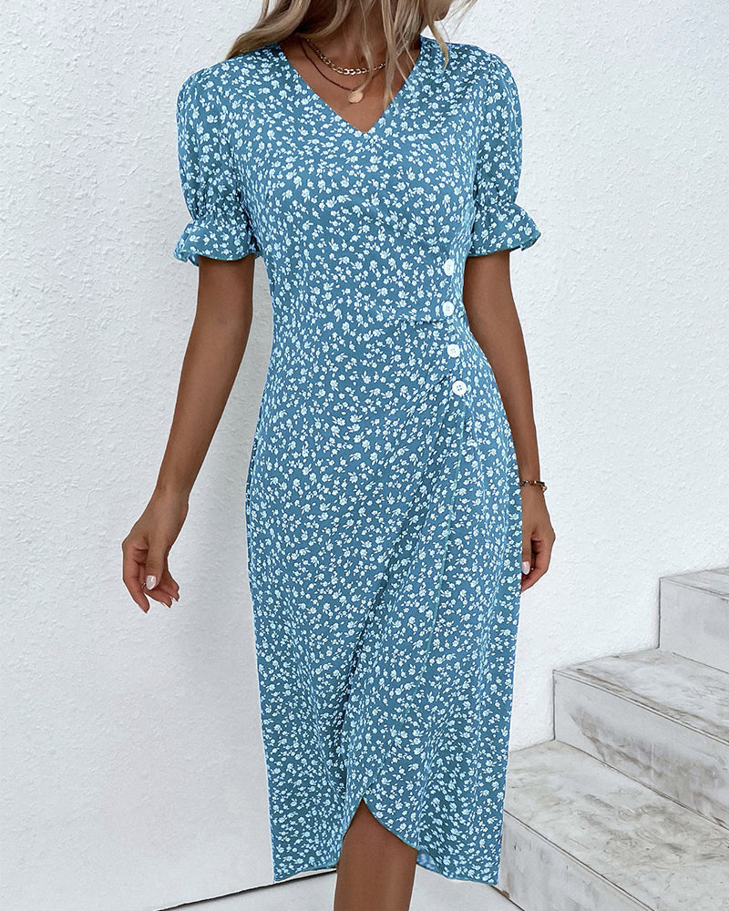 Women's Floral Wrap Dress with Ruffled Sleeves | Midi