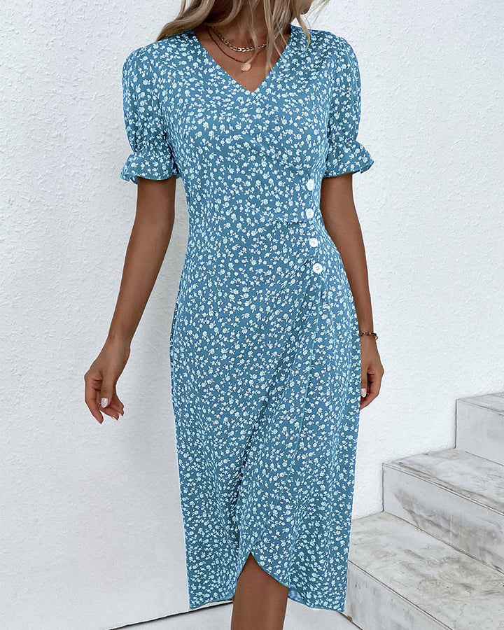 Women's Floral Wrap Dress with Ruffled Sleeves | Midi
