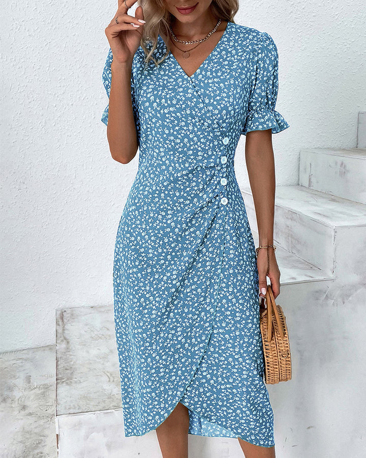 Women's Floral Wrap Dress with Ruffled Sleeves | Midi