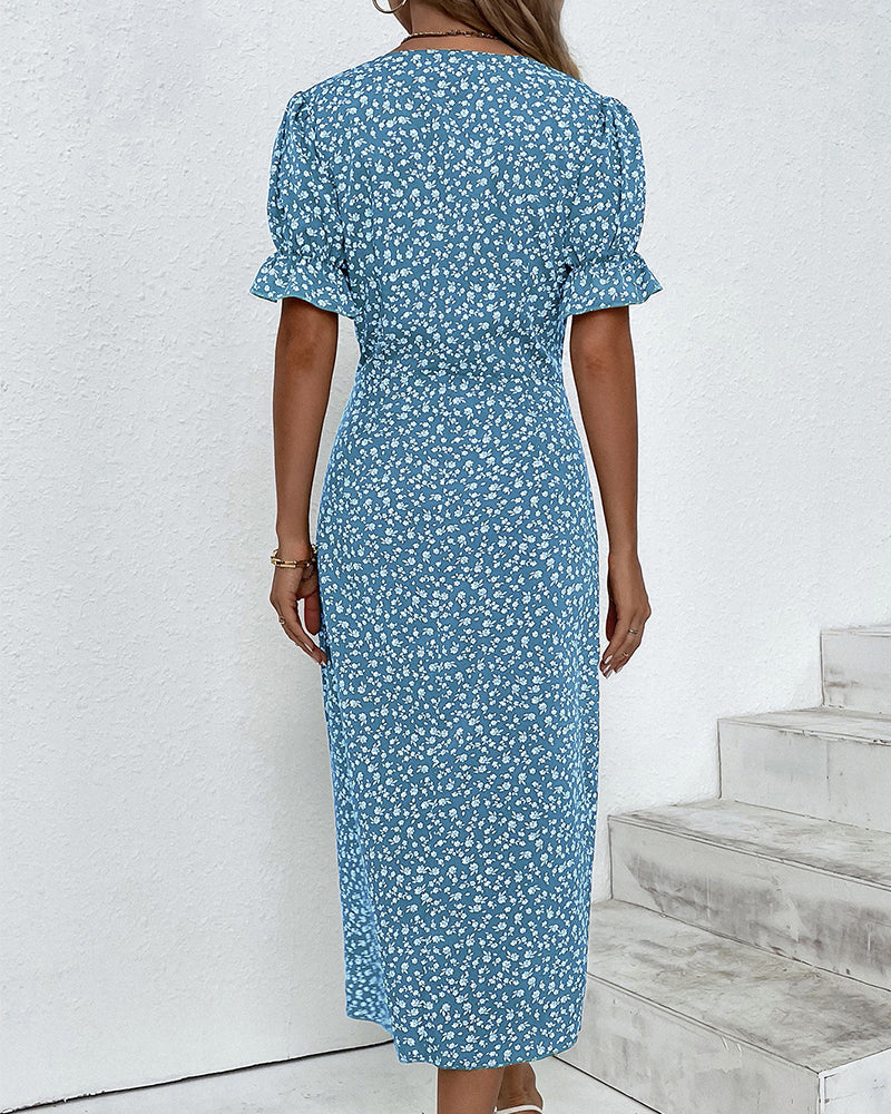 Women's Floral Wrap Dress with Ruffled Sleeves | Midi