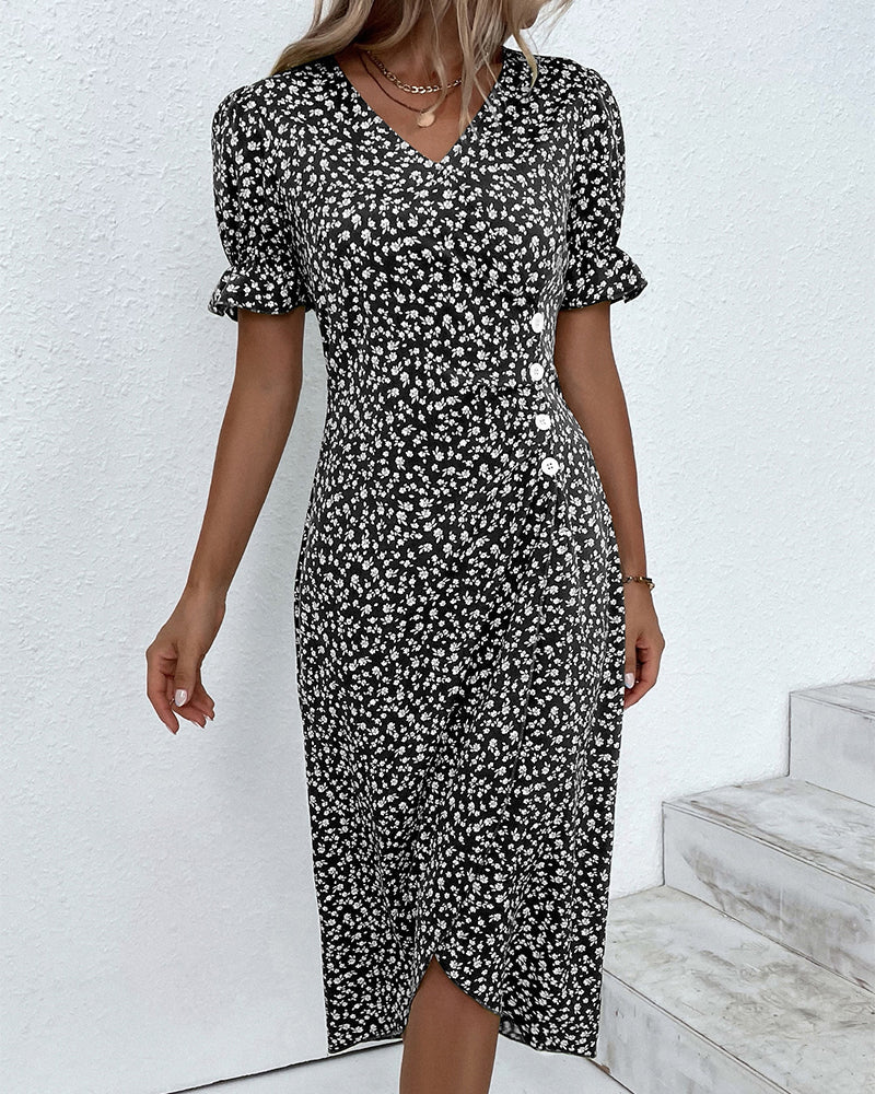 Women's Floral Wrap Dress with Ruffled Sleeves | Midi