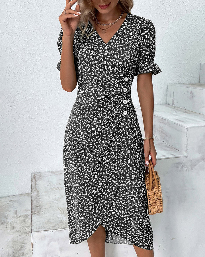 Women's Floral Wrap Dress with Ruffled Sleeves | Midi