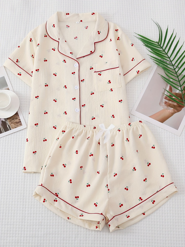 Women's Pajama Set in Cherry with Button-Up Shirt and Shorts | Nightwear