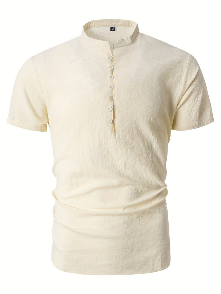 Męska Koszula Henley | Koszula Regular Fit z Krótkim Rękawem | Guziki i Stójka | Letni Styl Casual