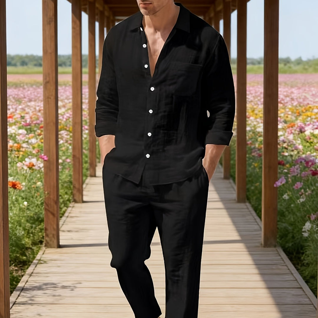 Men's Set Long Sleeve Button Shirt and Straight Leg Pants Set | Drawstring