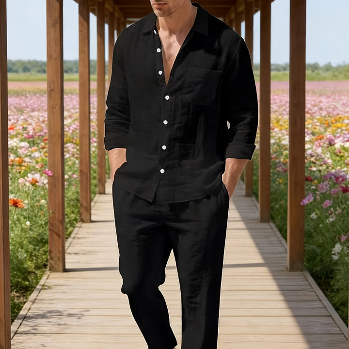 Men's Set Long Sleeve Button Shirt and Straight Leg Pants Set | Drawstring