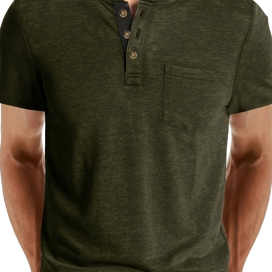 Męska Koszulka Henley | Koszulka Regular Fit z Krótkim Rękawem | Guziki i Kieszeń Na Piersi | Casualowy Styl Letni