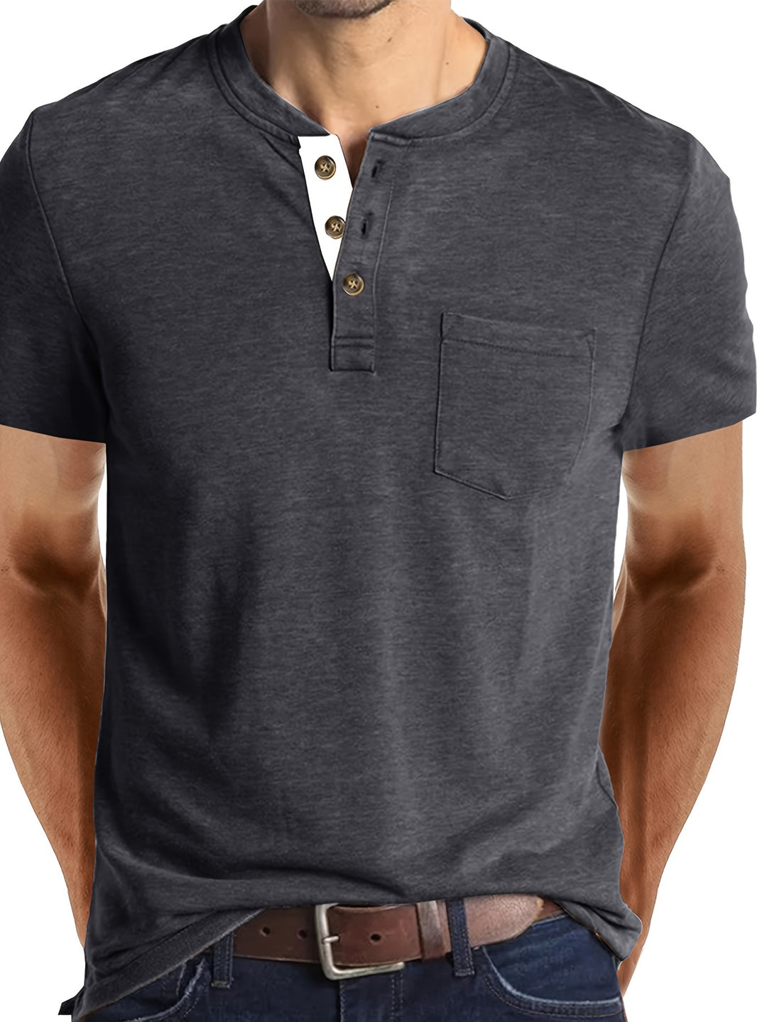 Daniel | Męski T-shirt Henley z Krótkim Rękawem