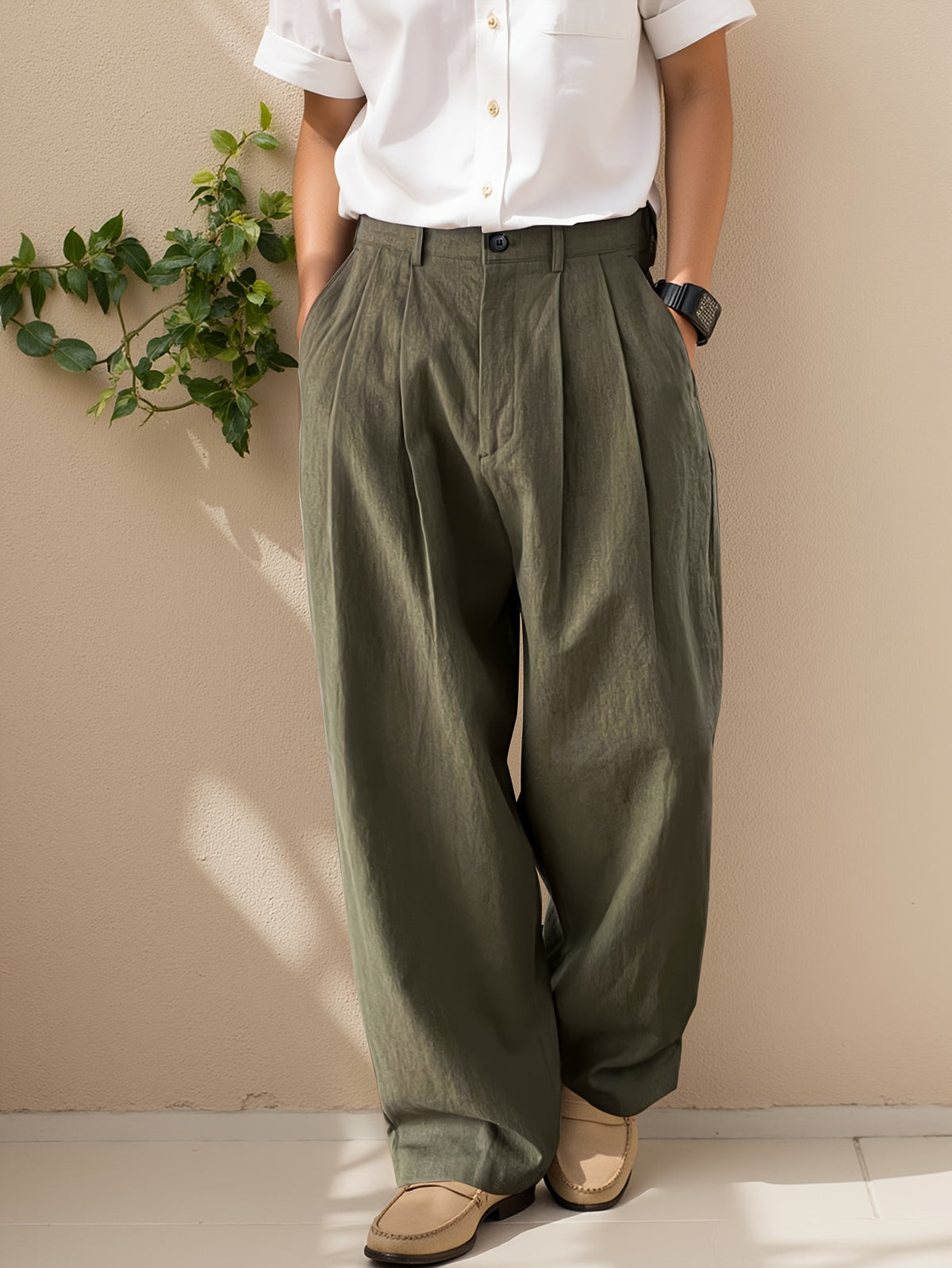 Men's Wide-Leg Pants Straight Leg High Waist Pleated Pants | Loose Fit