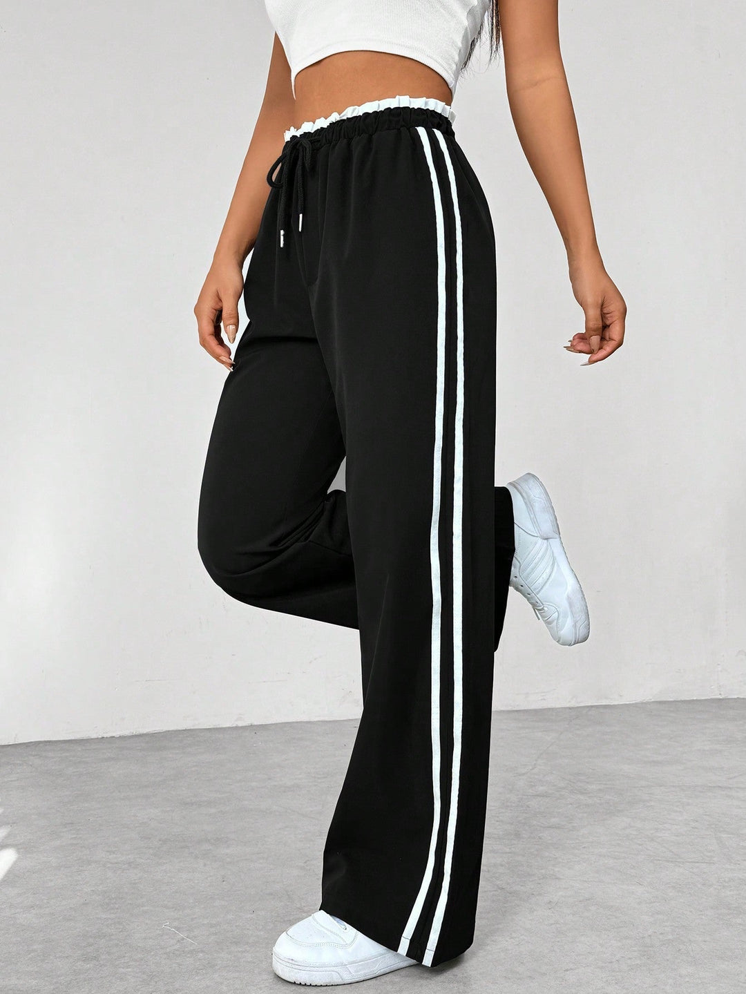 Women's High Waist Side Stripes Wide Leg Casual Pants | Loose Fit