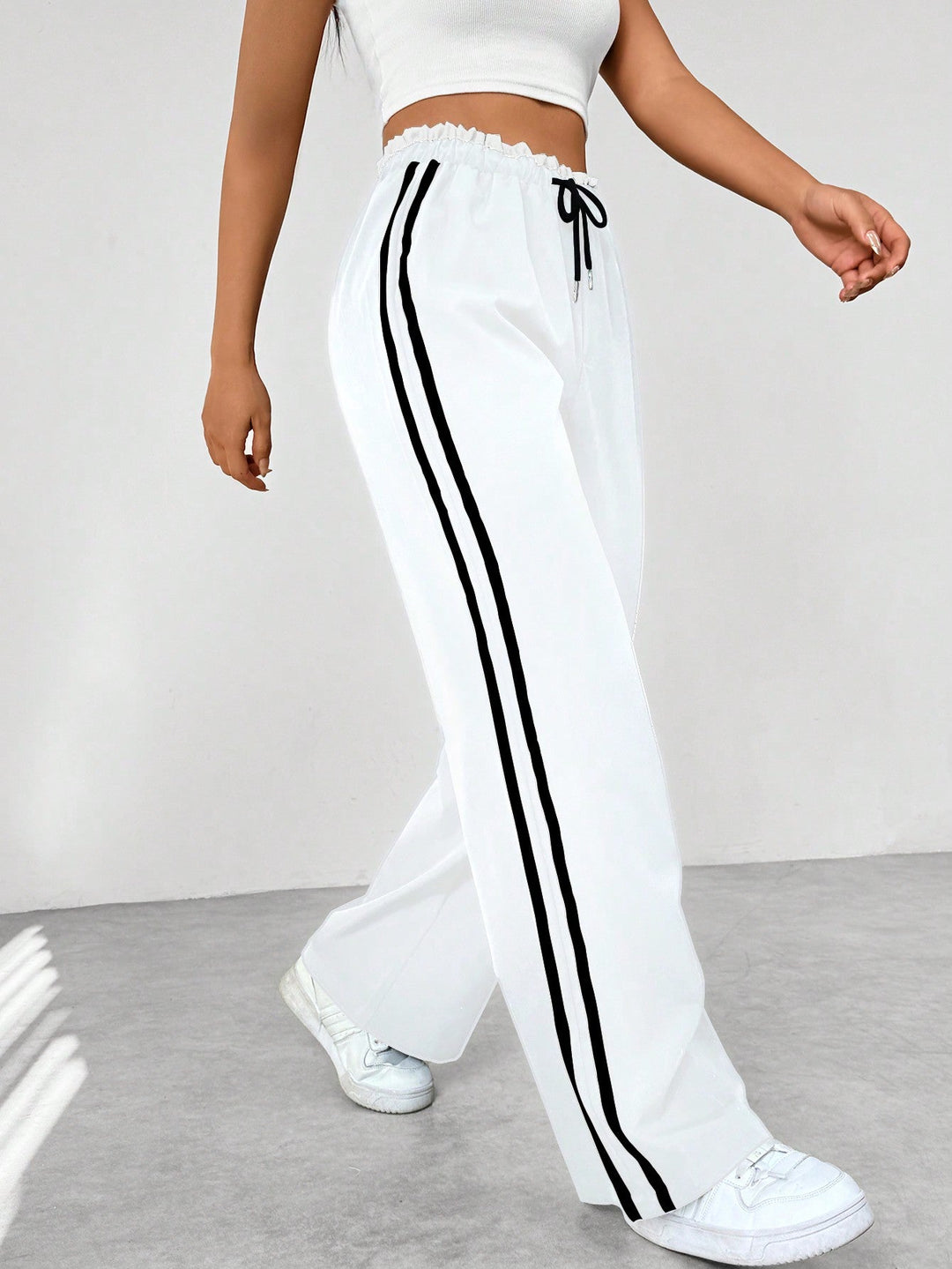 Women's High Waist Side Stripes Wide Leg Casual Pants | Loose Fit
