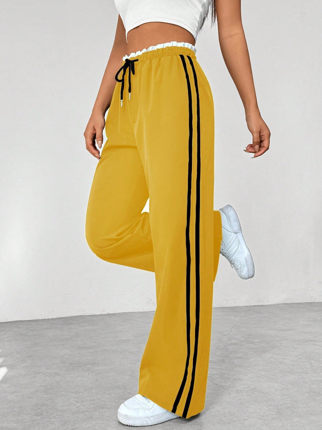 Women's High Waist Side Stripes Wide Leg Casual Pants | Loose Fit