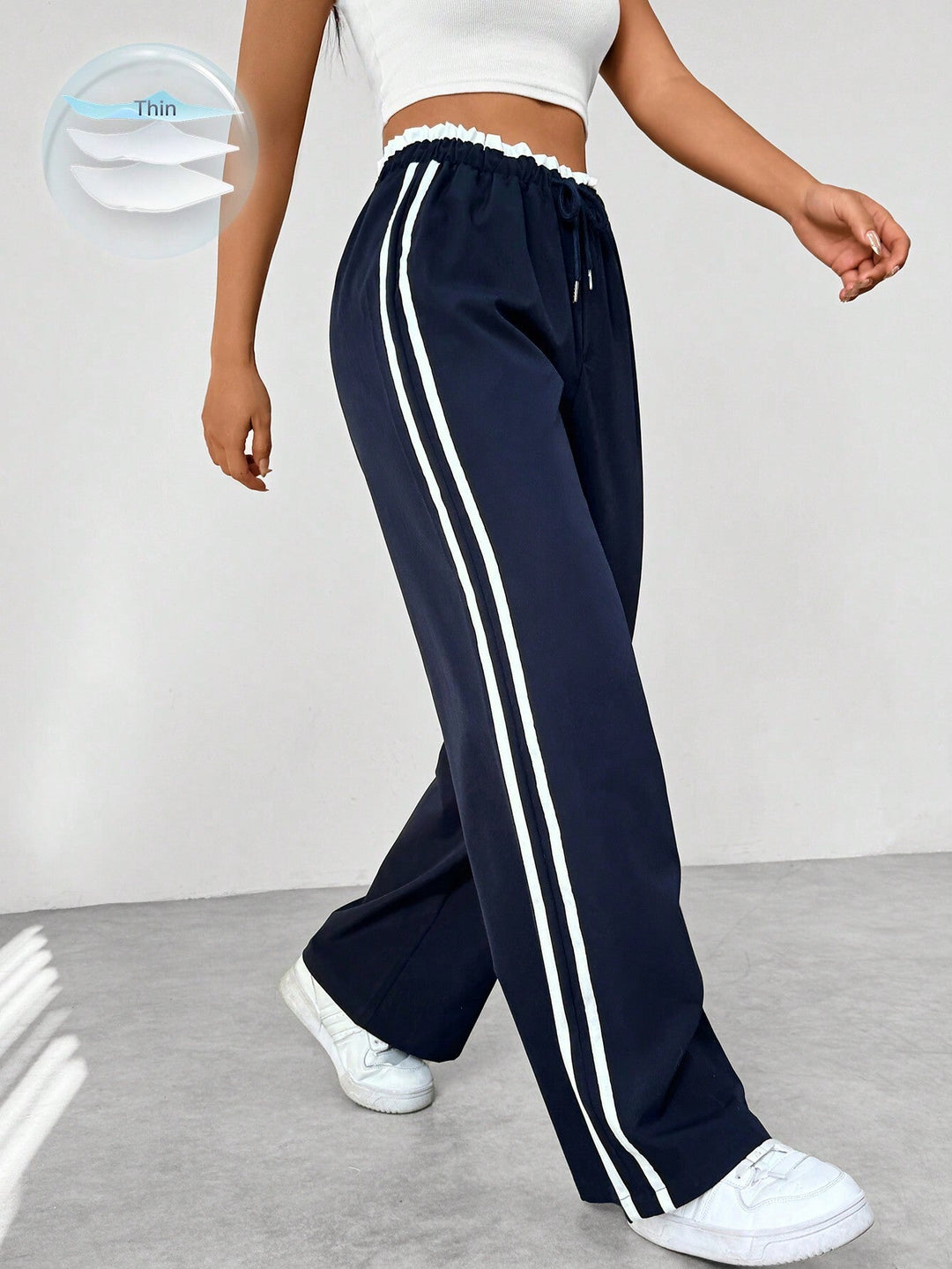 Women's High Waist Side Stripes Wide Leg Casual Pants | Loose Fit