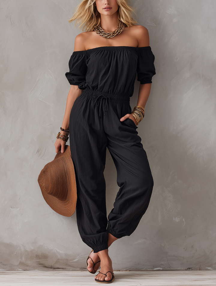 Czarny kombinezon damski off-shoulder bez rękawów