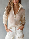 Lena | Openwork sweater with zipper, mock neck, loose fit