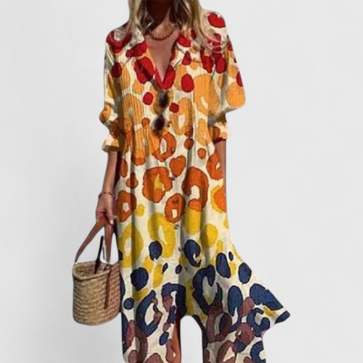 Fiora | Damska Sukienka Midi Boho we Wzory o Luźnym Kroju z Dekoltem V