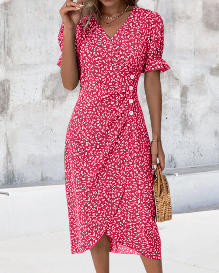 Women's Floral Wrap Dress with Ruffled Sleeves | Midi
