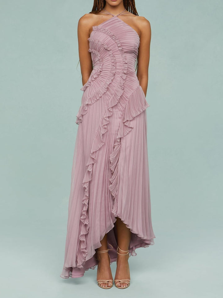 Women's One-Shoulder Ruffled Pleated Maxi Dress | Asymmetric Hem