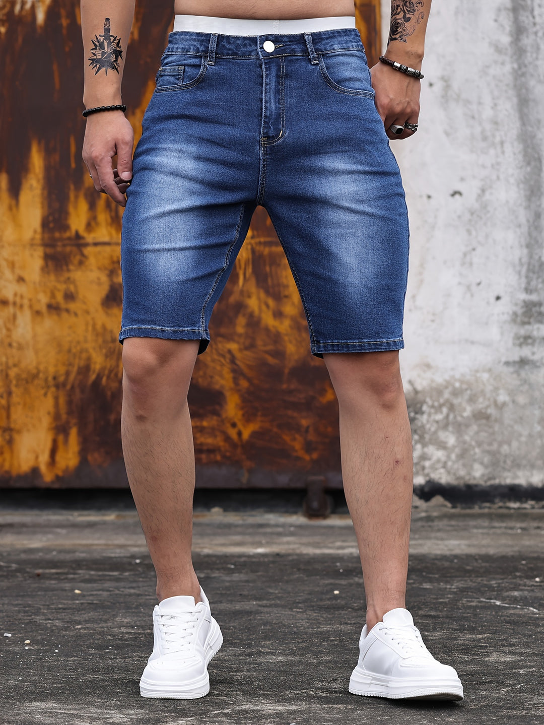 Męskie Szorty Denim | Szorty o Smukłej Sylwetce | Długość do Kolan | Nowoczesny Codzienny Styl