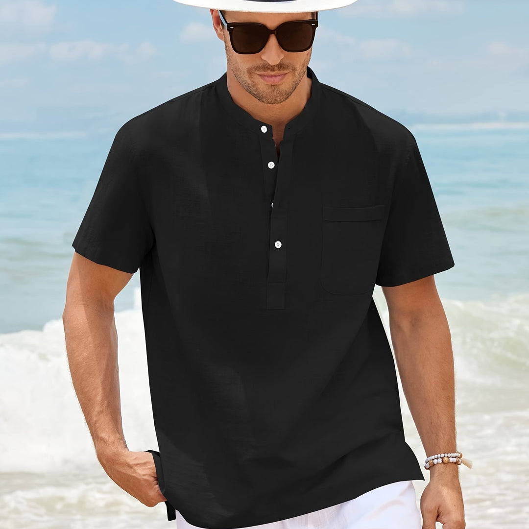 Men's Henley Shirt | Short Sleeve Relaxed Fit Shirt | Stand Collar | Summer Casual Style