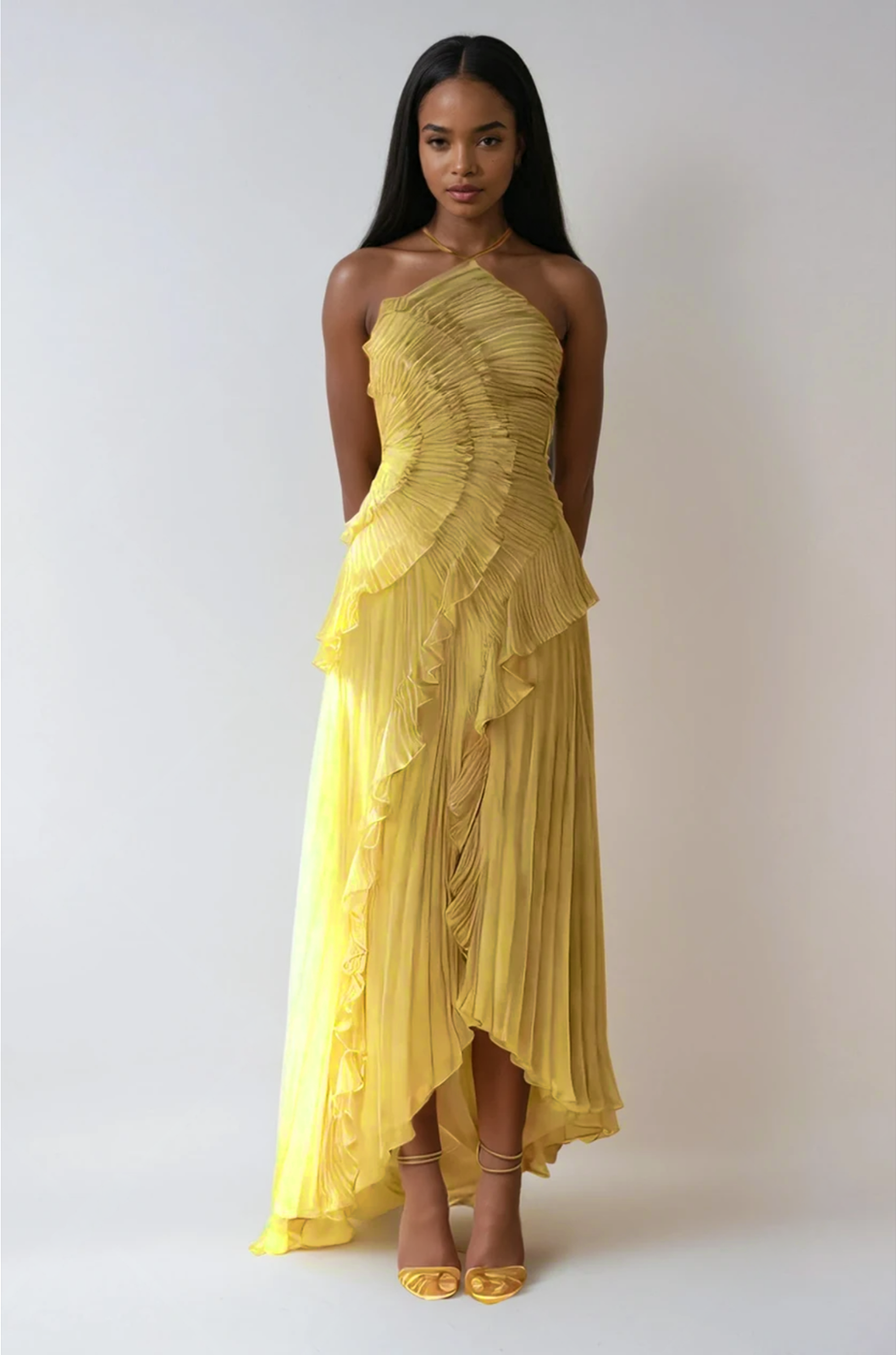 Women's One-Shoulder Ruffled Pleated Maxi Dress | Asymmetric Hem