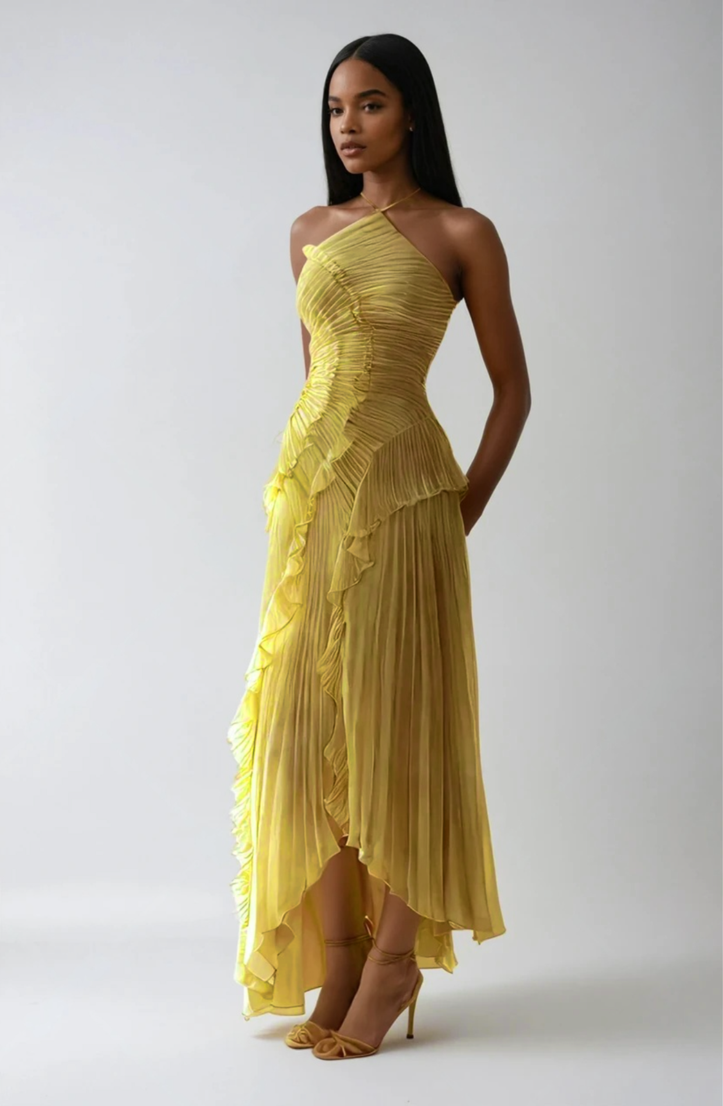 Women's One-Shoulder Ruffled Pleated Maxi Dress | Asymmetric Hem