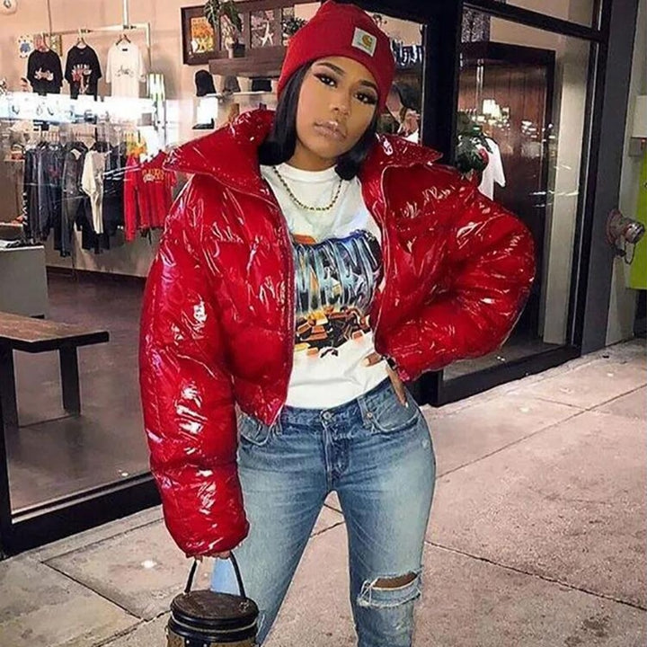 Pikowana kurtka damska ze skóry PU z zamkiem