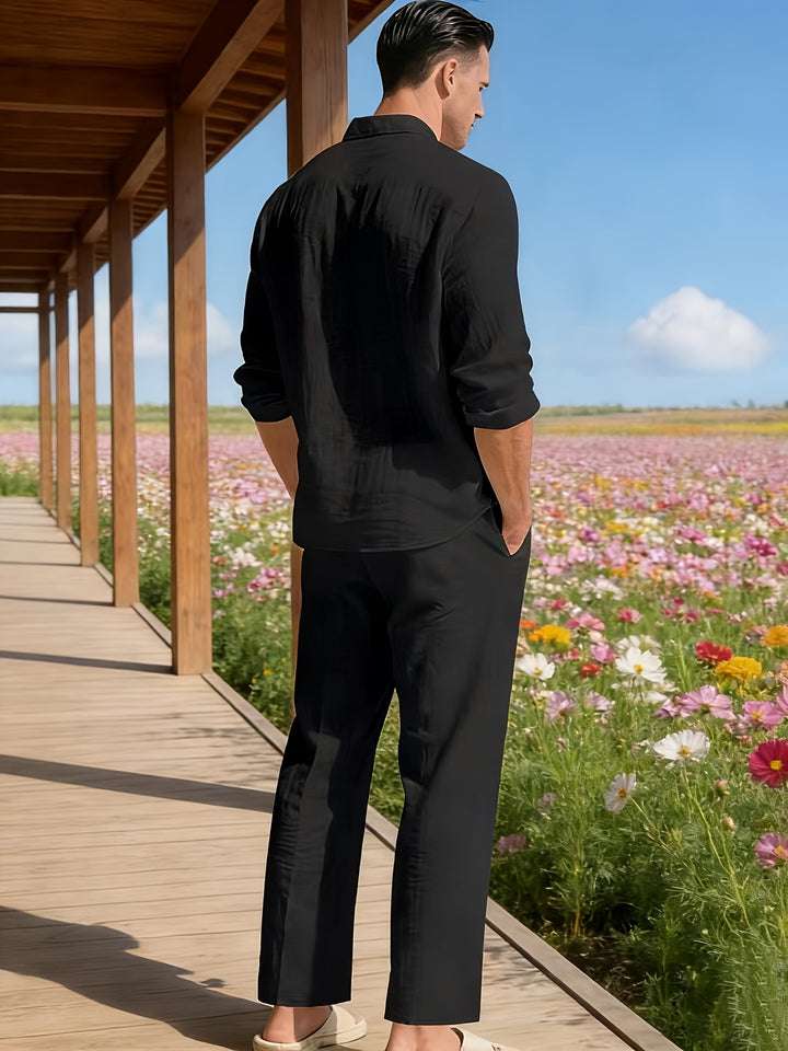 Men's Set Long Sleeve Button Shirt and Straight Leg Pants Set | Drawstring