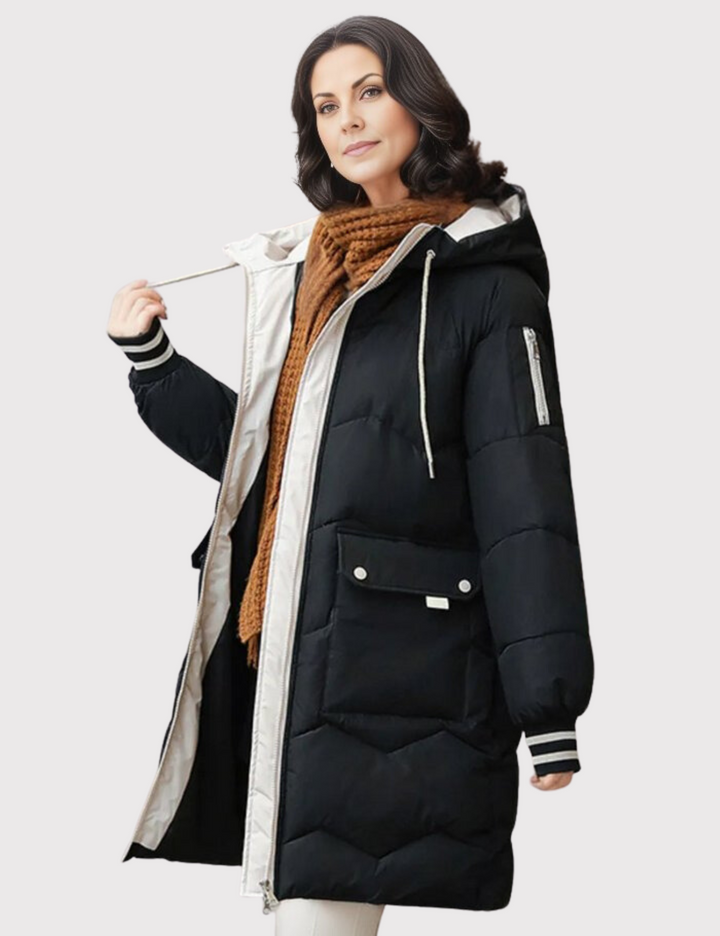 Women's Long Down Coat with Hood and Front Pockets | Winter Coat