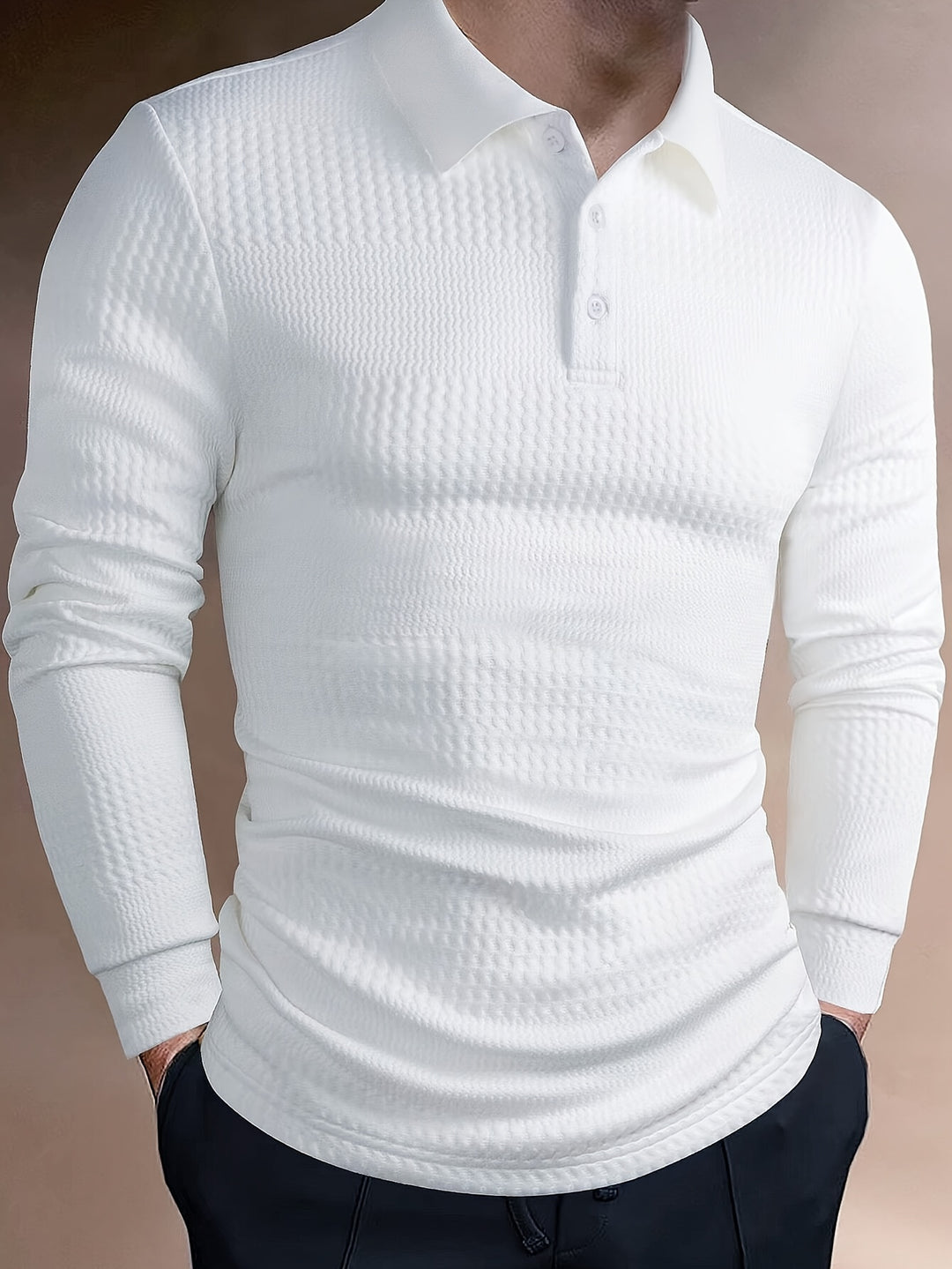 Men's Long Sleeve Polo | Slim Fit Shirt | Textured Finish | Smart Casual Style