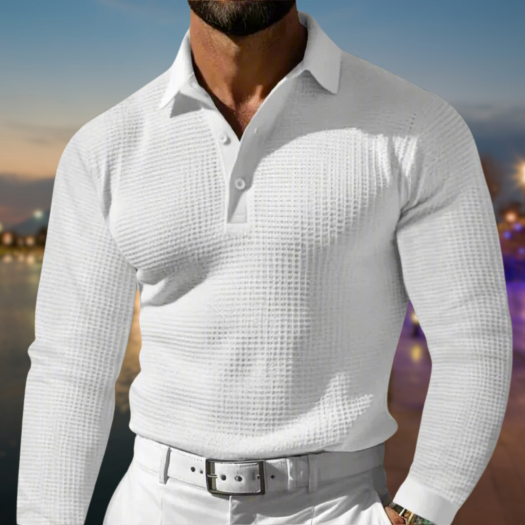 Men's Textured Collar Polo Long Sleeve Casual Top | Button Placket