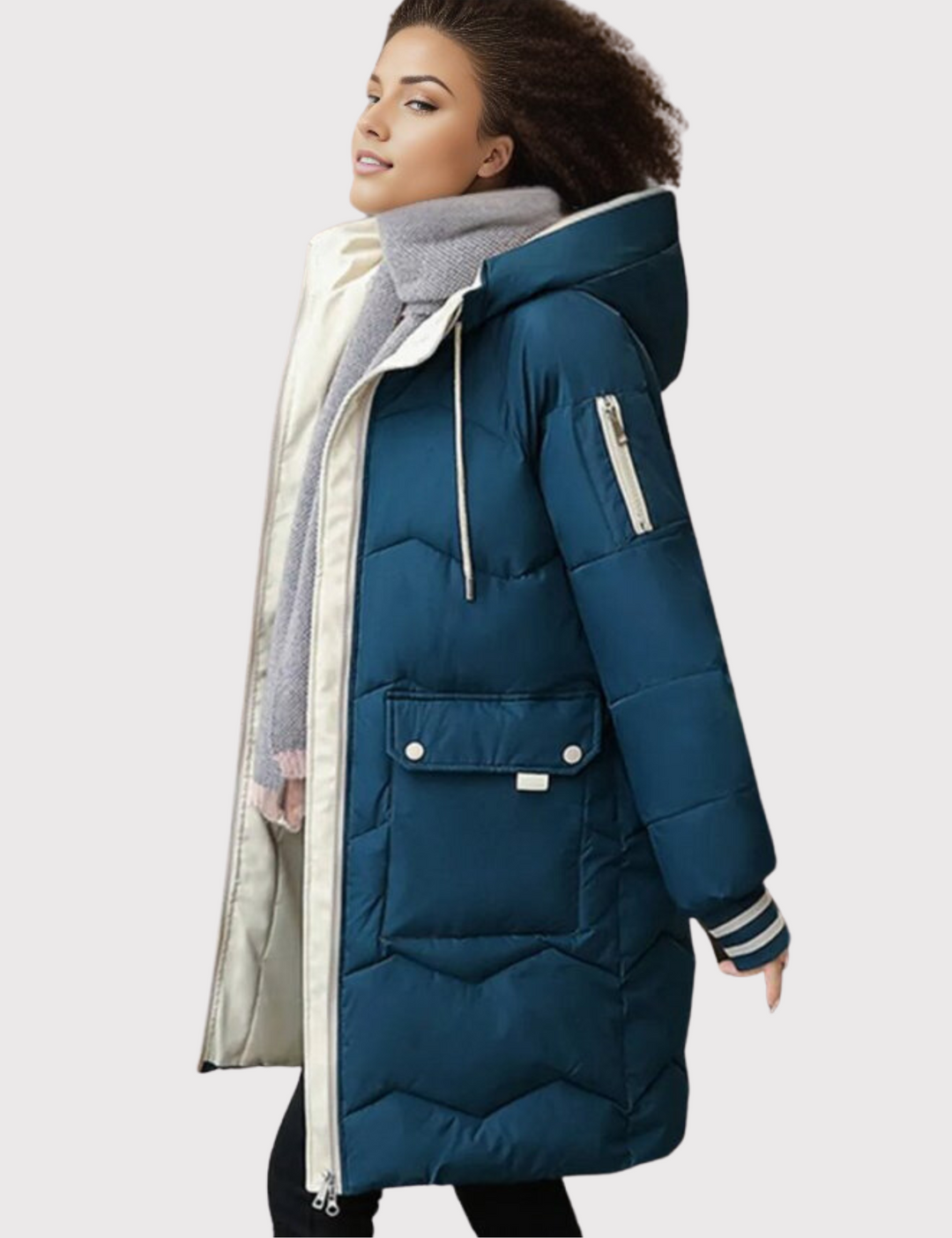 Women's Long Down Coat with Hood and Front Pockets | Winter Coat