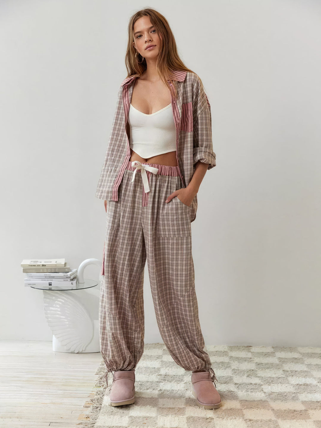 Women's Plaid Set with Shirt and Loose Pants | Pajama Set