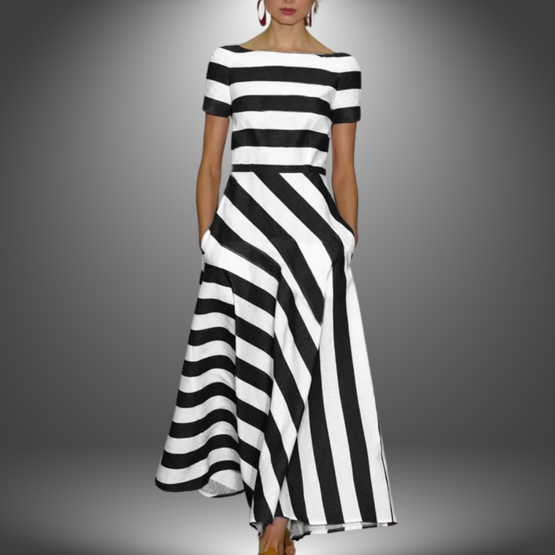 Women's Striped Dress with Short Sleeves and Side Pockets | Maxi