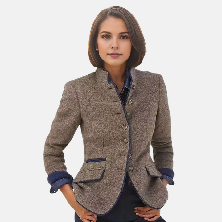 Women's Blazer with Stand Collar, Buttons, and Long Sleeves | Fitted Cut