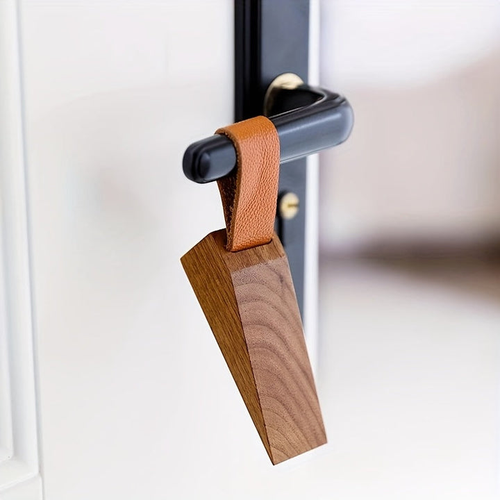 Wooden Door Stopper | Wedge Stopper with Eco-Leather Strap | Non-Slip