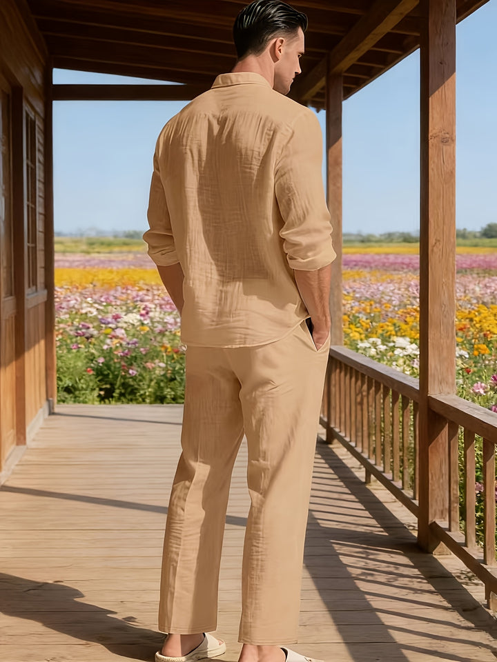 Men's Set Long Sleeve Button Shirt and Straight Leg Pants Set | Drawstring