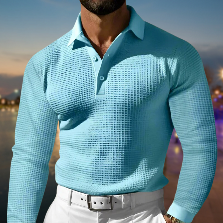 Men's Textured Collar Polo Long Sleeve Casual Top | Button Placket