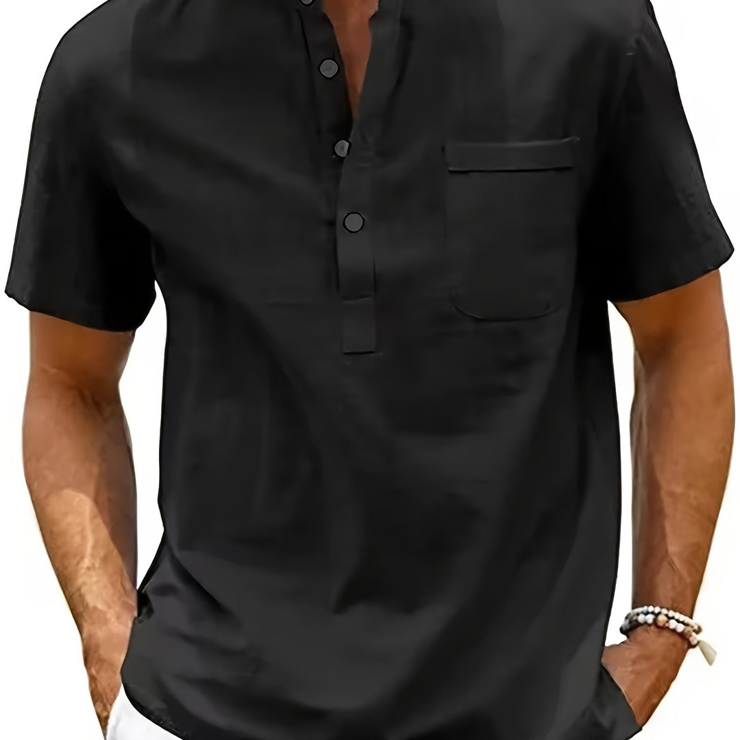 Men's Henley Shirt | Short Sleeve Regular Fit Shirt | Stand Collar | Summer Casual Style