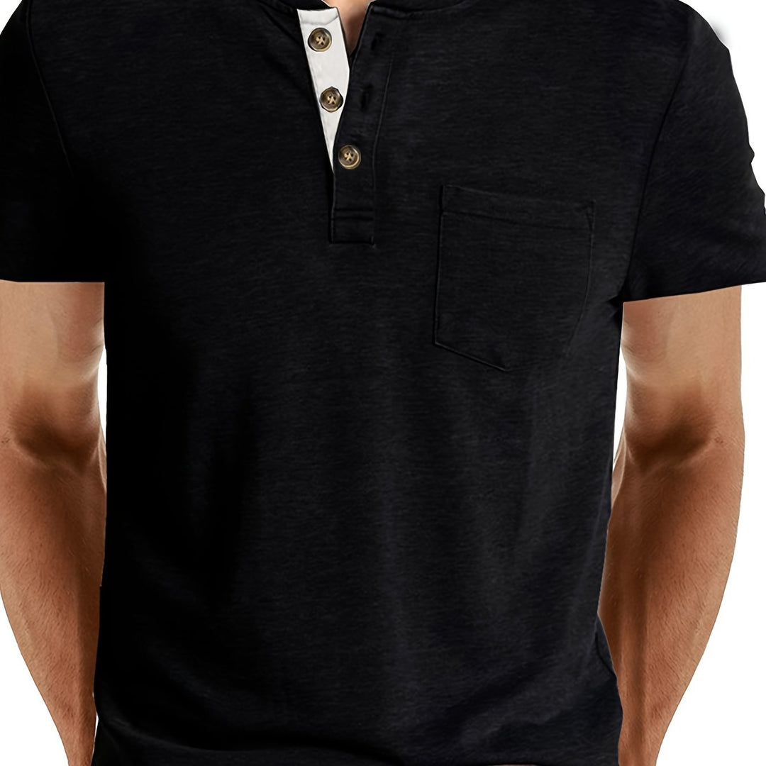 Męska Koszulka Henley | Koszulka Regular Fit z Krótkim Rękawem | Guziki i Kieszeń Na Piersi | Casualowy Styl Letni