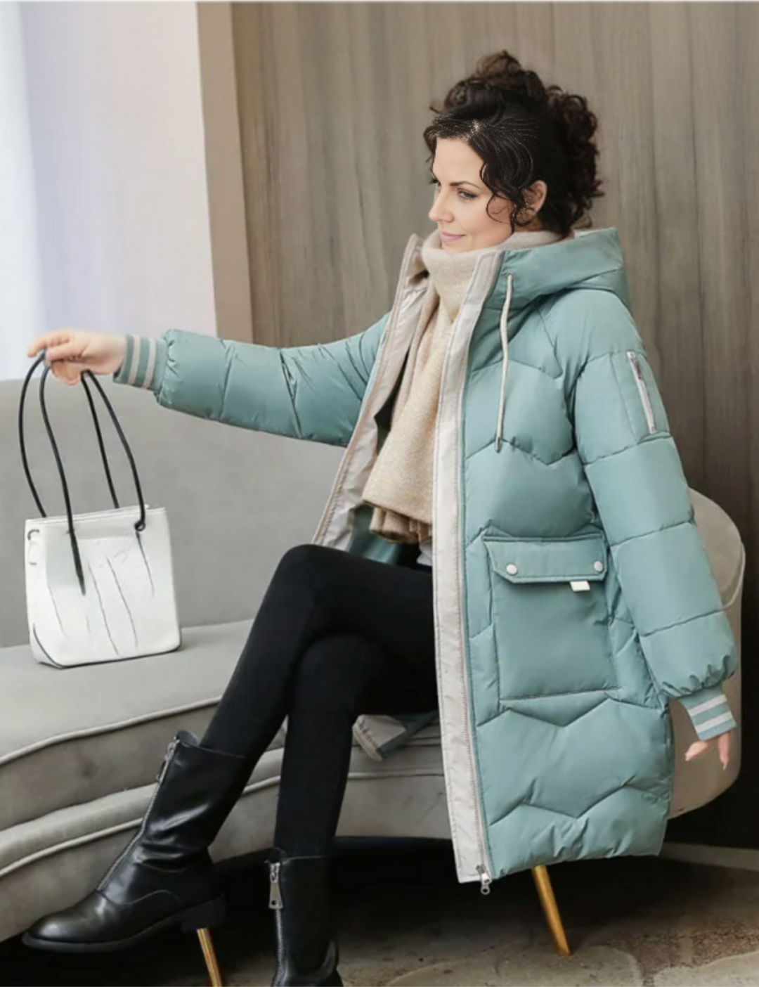 Women's Long Down Coat with Hood and Front Pockets | Winter Coat