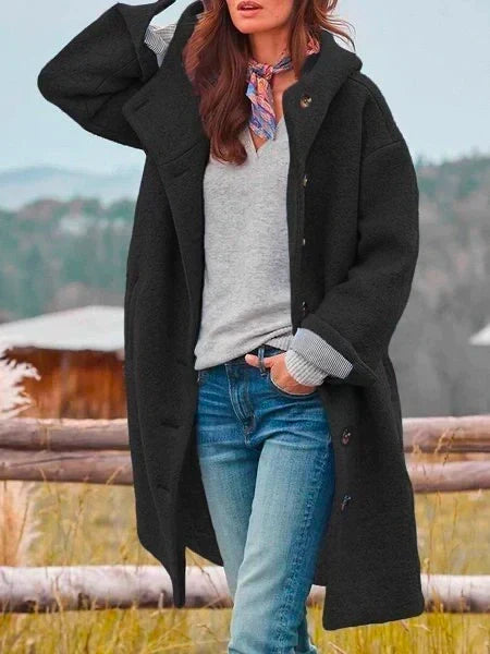 Damski długi płaszcz z kapturem na guziki
