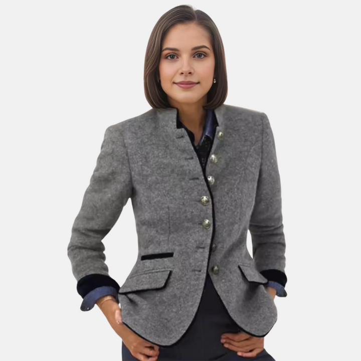 Women's Blazer with Stand Collar, Buttons, and Long Sleeves | Fitted Cut